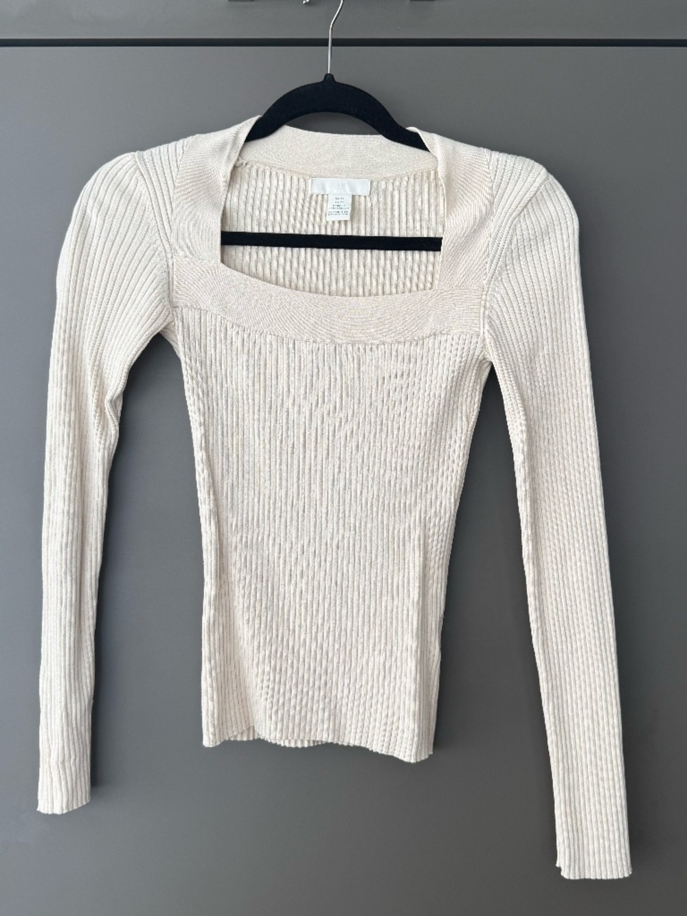 White Ribbed Square Neck Long Sleeve Top Size XS